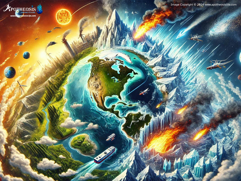 Dynamic image showing Earth's climate tipping points with melting ice caps, rising sea levels, wildfires, and extreme weather, highlighting the urgency of climate action.