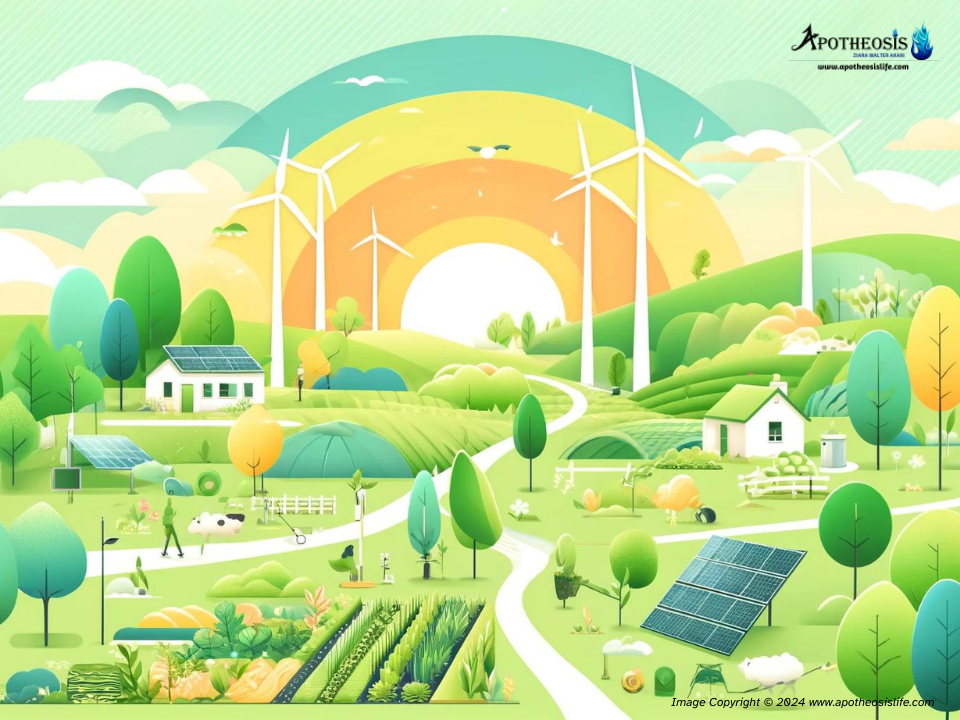 Idyllic rural landscape with wind turbines, solar panels, lush fields, and farmhouses, symbolizing sustainable farming and renewable energy integration.