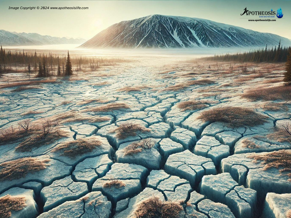 Landscape with thawing permafrost, showing cracked ground and subsiding land