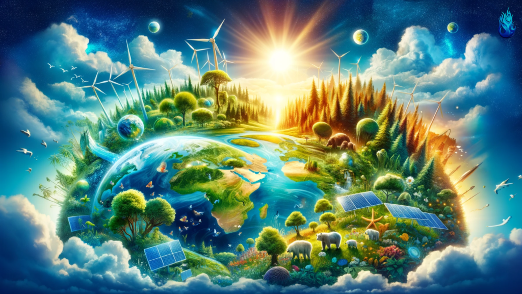 Combating Climate Change: Image depicting renewable energy sources like solar panels, wind turbines.