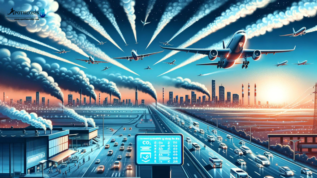 Cityscape with airplanes emitting contrails, highways filled with vehicles, and industrial smokestacks, symbolizing aviation and climate change's environmental impact.