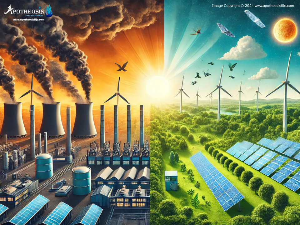 Contrasting image of a coal plant and renewable energy sources, illustrating the impact of fossil fuels on the environment.