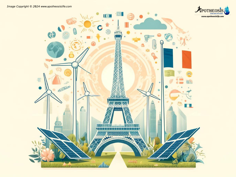 Illustration of the Eiffel Tower with international flags, wind turbines, solar panels, and a globe, symbolizing global unity for climate action.