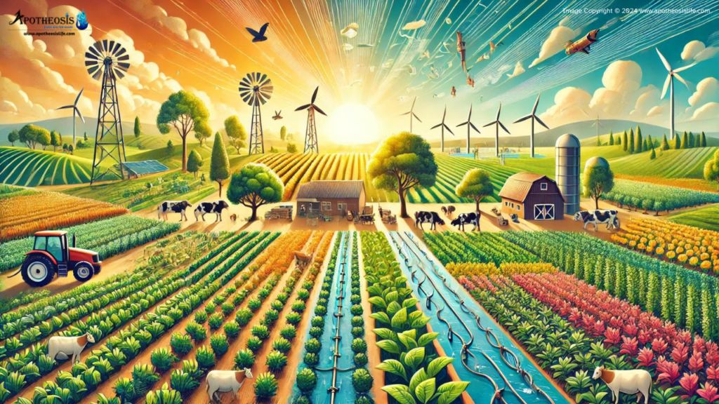 Vibrant farm image depicting sustainable agriculture with crop rotation, water conservation, and biodiversity, illustrating harmony between farming and nature.
