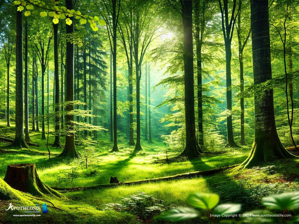 Serene forest with tall trees and sunlight filtering through leaves, showcasing the tranquility of a lush, green forest environment.