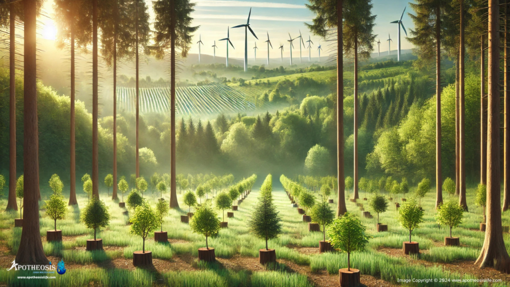 Forest with young saplings, mature trees, and wind turbines in the distance, representing the harmony of nature and technology in carbon offsetting.