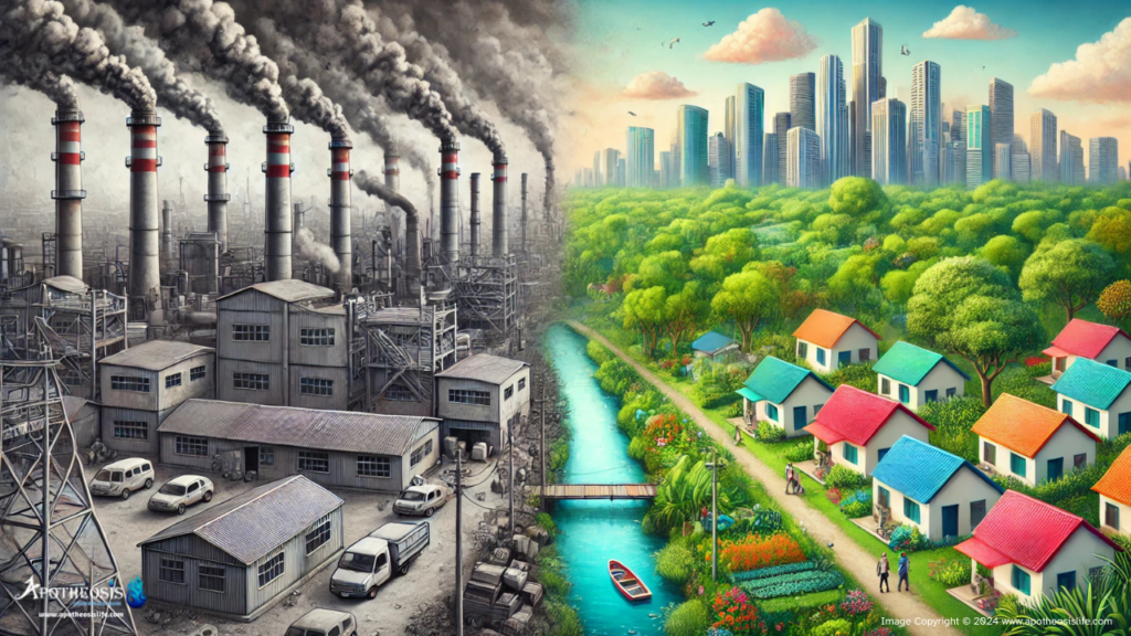 Image showing the inequities between a polluted industrial neighborhood with smoke and a clean, green community, highlighting the unequal environmental conditions.