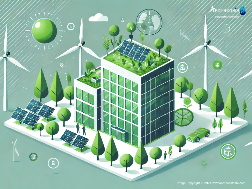 Corporate office building with solar panels, wind turbines, and trees, symbolizing corporate sustainability.