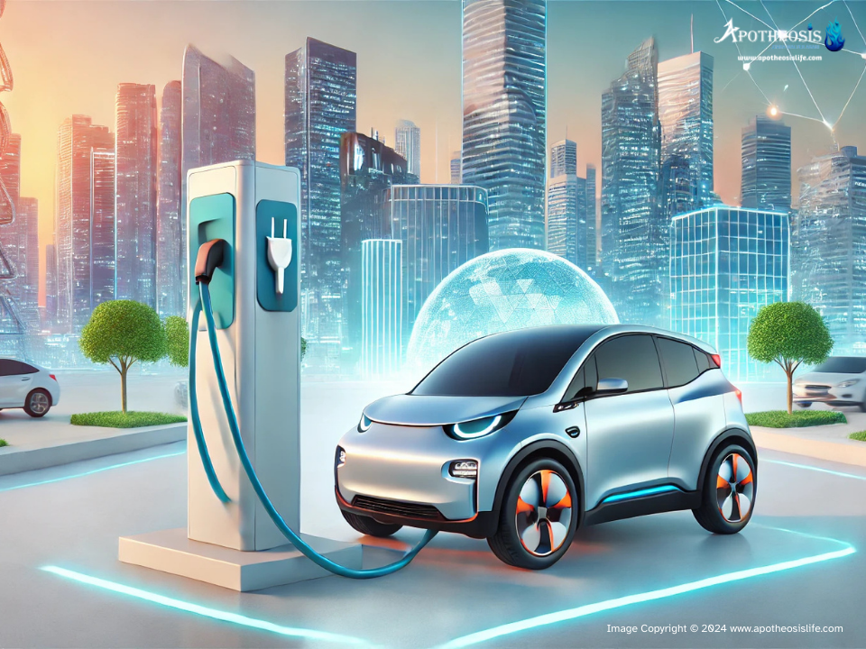 Electric vehicle plugged into a charging station with a futuristic cityscape in the background, representing sustainable transportation.