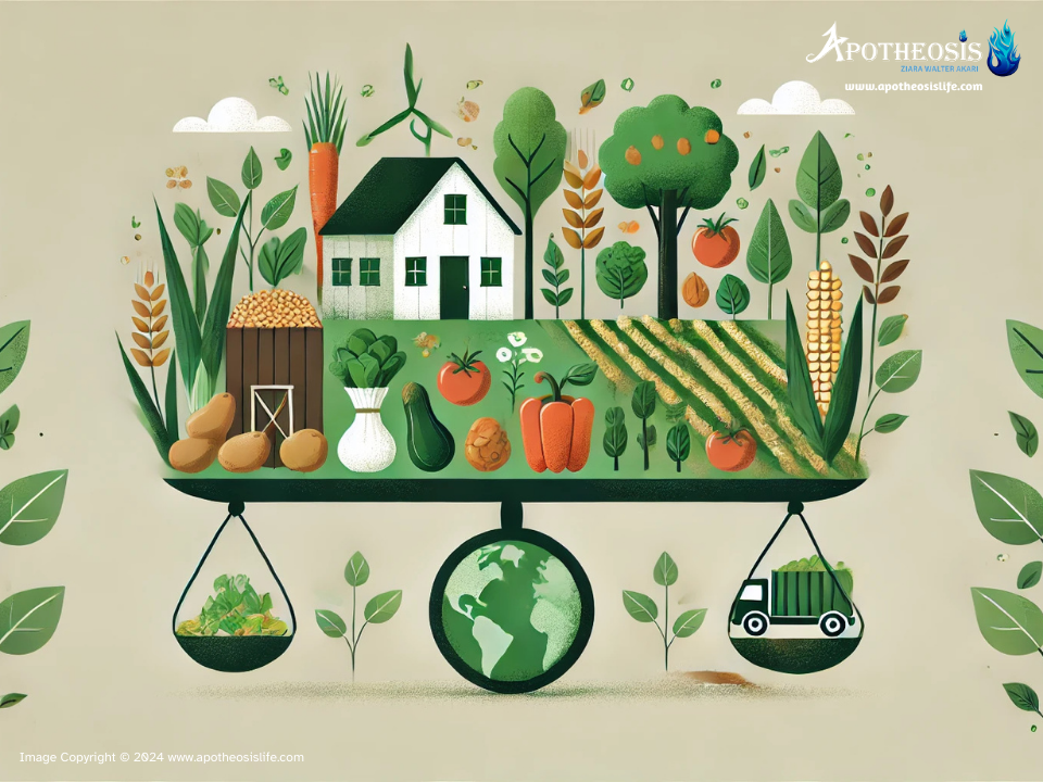 Balanced scene with fresh vegetables, grains, and fruits on one side and a small eco-friendly farm on the other, symbolizing sustainable dietary choices.