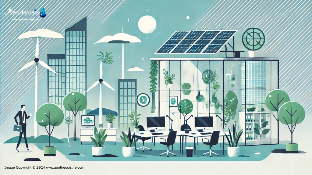 Corporate workspace with solar panels, wind turbine, and indoor plants, symbolizing sustainability practices.