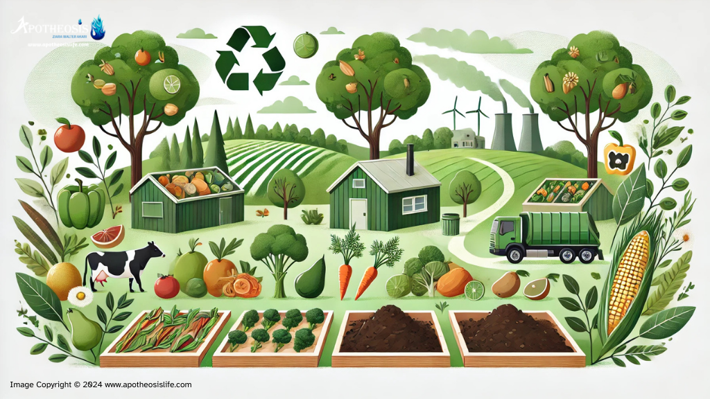 Scene with diverse plant-based foods, a green landscape, a small eco-friendly farm, and a compost area, symbolizing sustainable eating practices within food systems.