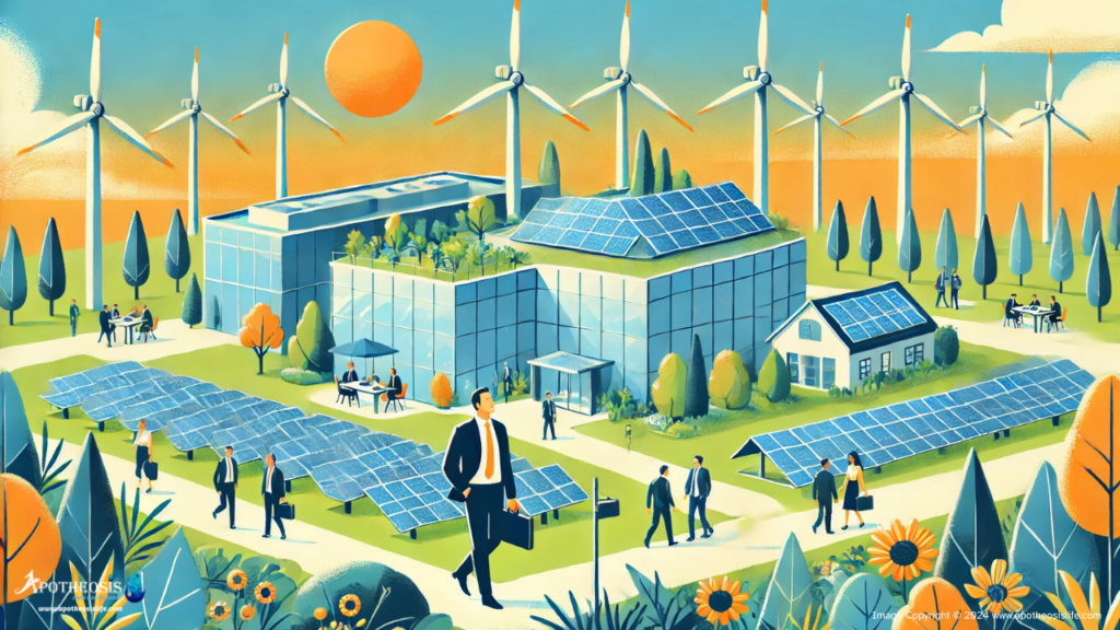 Corporate campus with employees near solar panels and wind turbines, emphasizing sustainability, climate action, and corporate climate pledges.