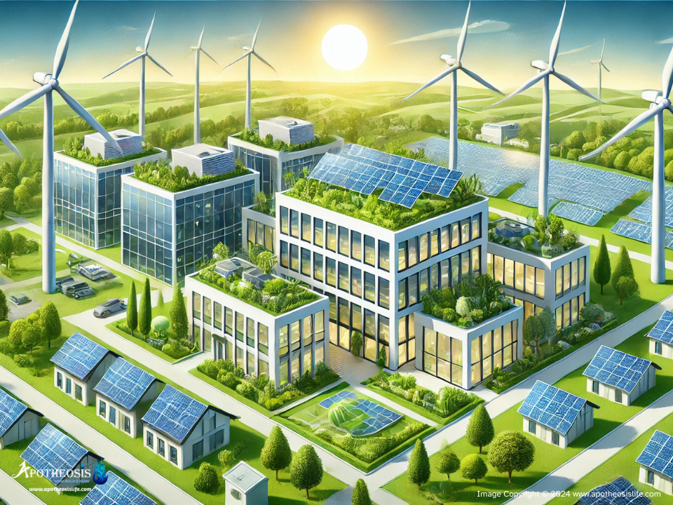 Corporate office surrounded by solar panels, wind turbines, and a green rooftop garden, representing climate action and sustainability.