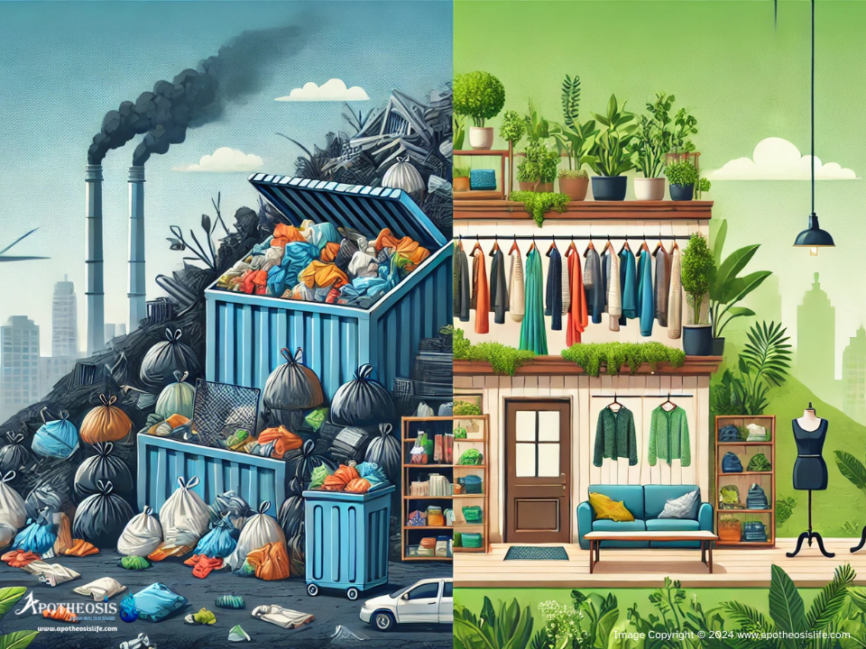 Split image of a landfill with discarded clothes and a sustainable fashion boutique showcasing eco-friendly garments and greenery.