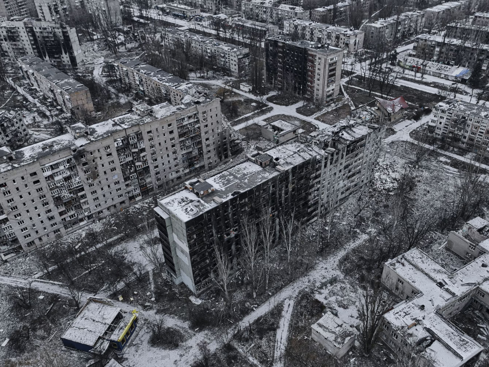 Aerial view of Avdiivka, Ukraine, showing widespread destruction of buildings due to ongoing conflict.