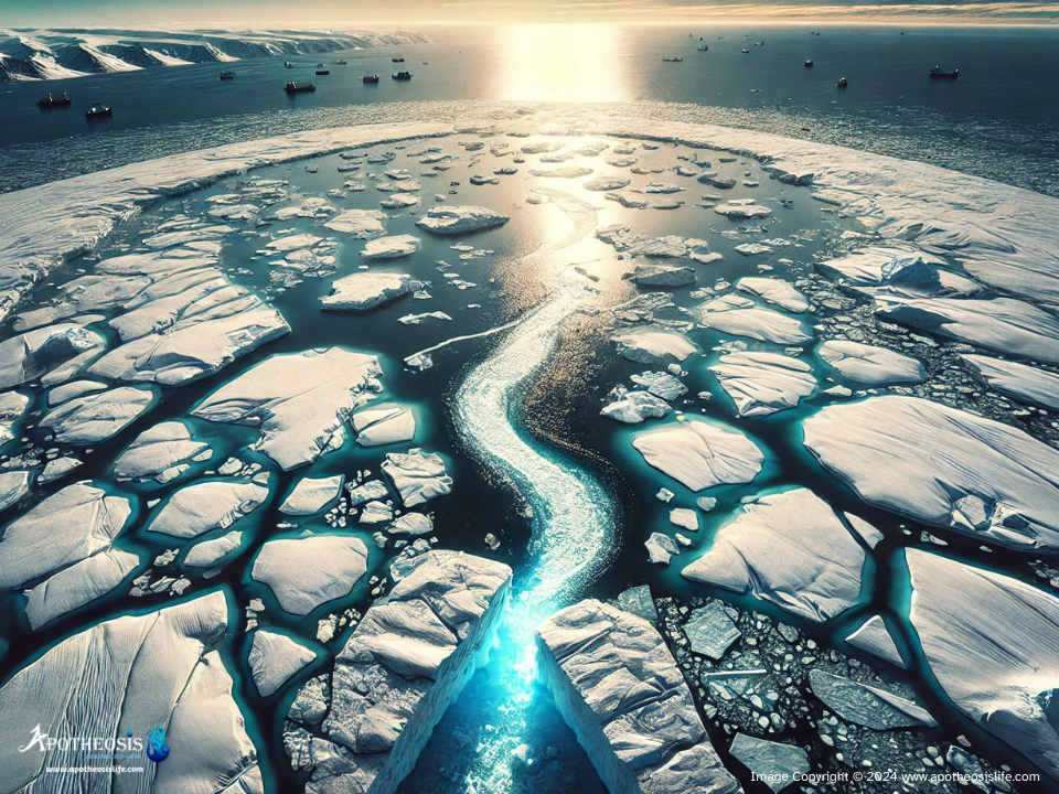 Aerial view of the Arctic with melting ice, cracked sea ice, and breaking icebergs, illustrating the rapid warming of the Arctic region.