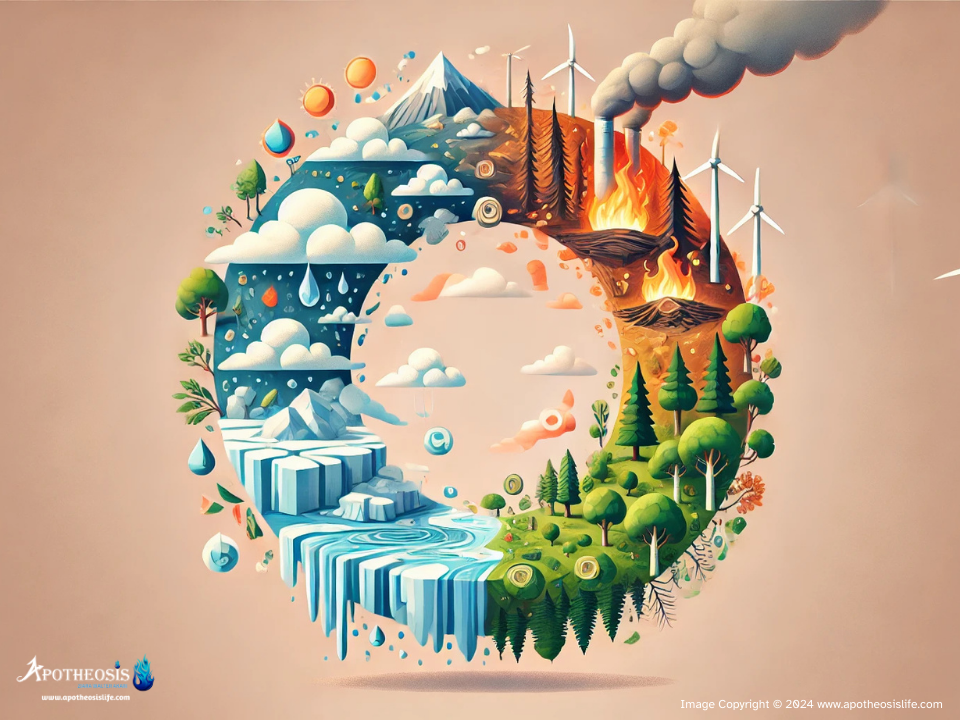 Visual of climate feedback loops with melting ice, wildfires, deforestation, and greenhouse gases forming a circular loop.