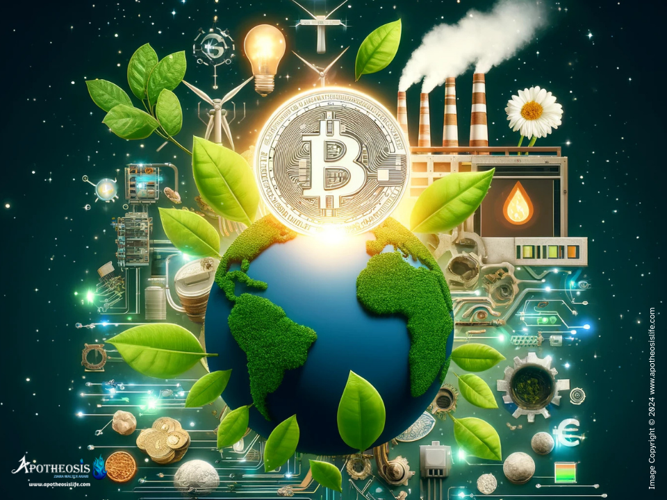 Cryptocurrency symbol with green leaves and industrial emissions, depicting the environmental impact of blockchain technology.