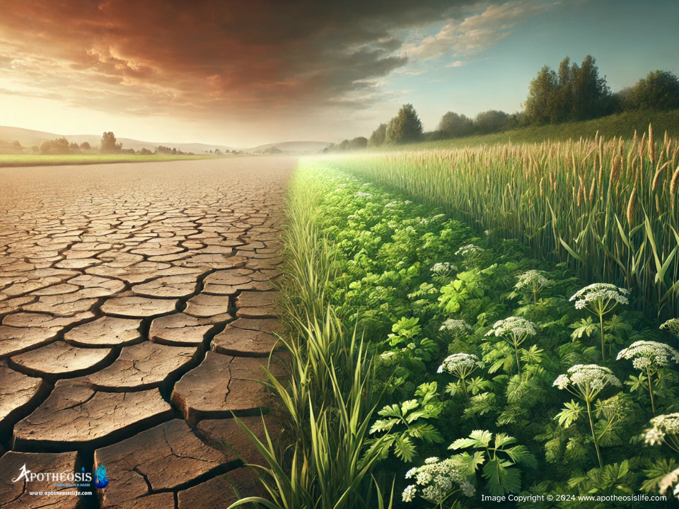 Serene landscape with green crops and dry, cracked earth, showcasing the impact of changing rainfall patterns on agriculture.