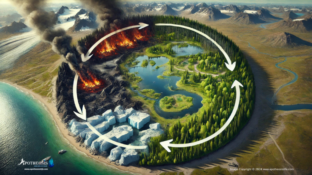 Image showing climate feedback loops with melting ice, wildfires, and forest changes, demonstrating the self-reinforcing nature of climate change.