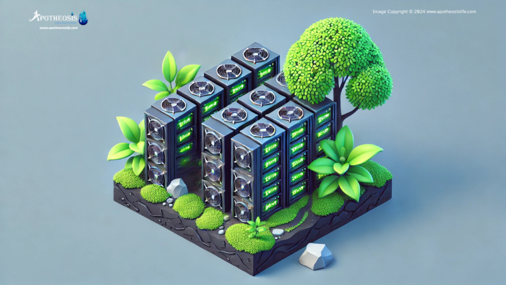 Cryptocurrency and Blockchain mining farm with servers and a small green plant, symbolizing the clash between digital technology and environmental sustainability.