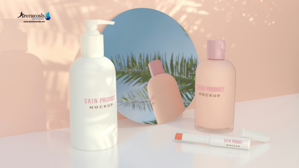 Avoid Greenwashing: Skin care products with 'Skin Product Mockup' labels on a peach background, symbolizing the need to verify sustainability claims.