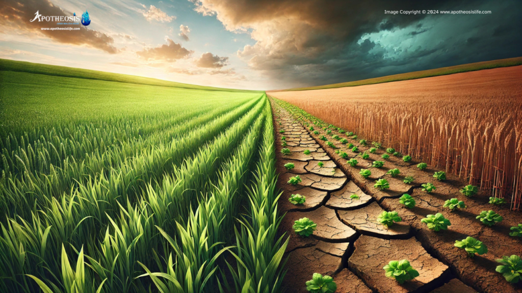 Field with green crops and dry, cracked earth, symbolizing the impact of changing rainfall patterns on agriculture.