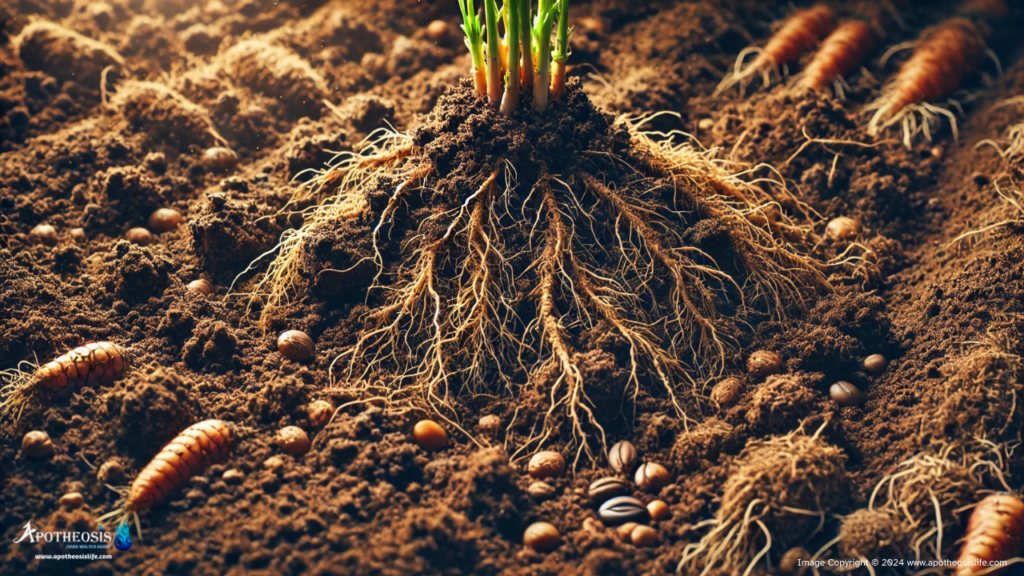 Close-up of healthy soil with organic matter and strong plant roots, highlighting regenerative agriculture's role in carbon sequestration and climate resilience.