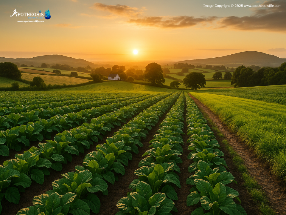 Sunrise over sustainable farmland with wind turbines and solar panels promoting eco-friendly agriculture.