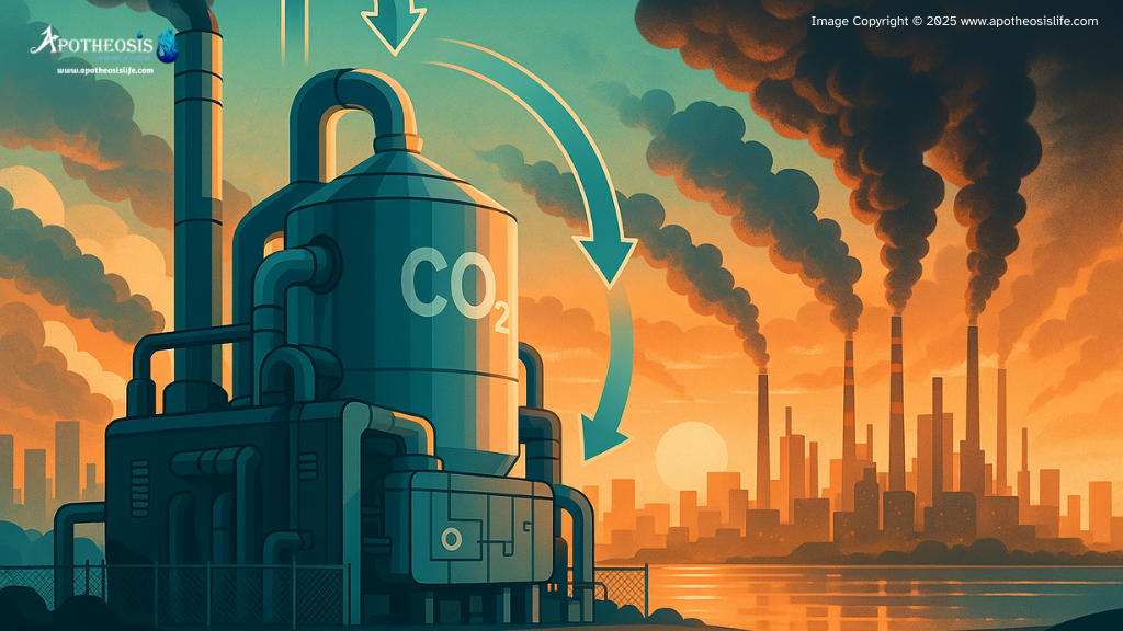 Illustration of carbon capture technology capturing and storing industrial CO₂ emissions to combat climate change.