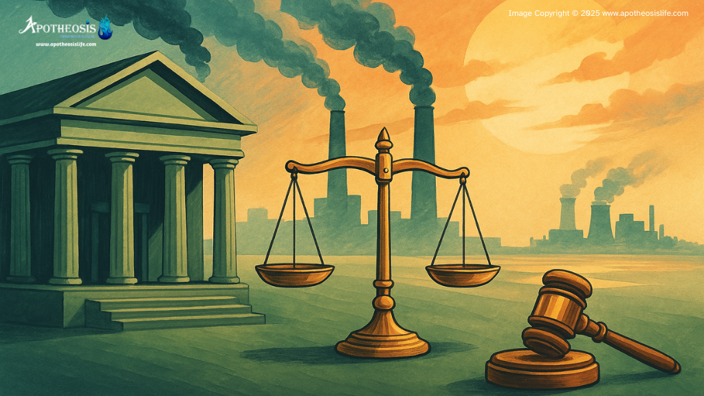 Illustration of a courtroom with climate-related symbols representing climate litigation, environmental lawsuits, and legal accountability for polluters.