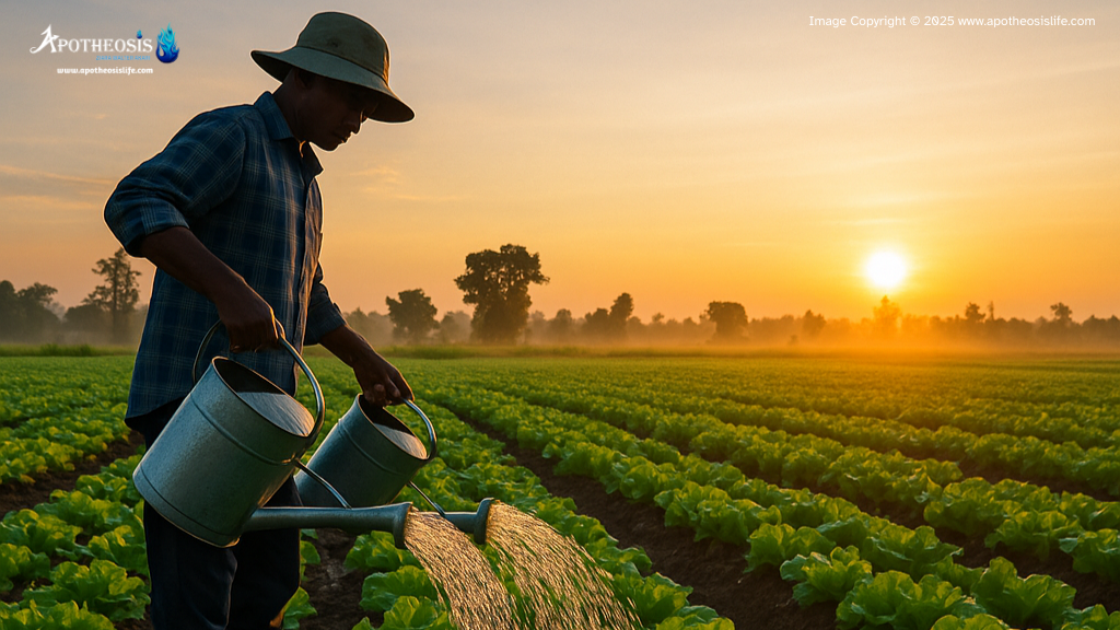 Farmer practicing sustainable agriculture by watering diverse crops in an organic farm.
