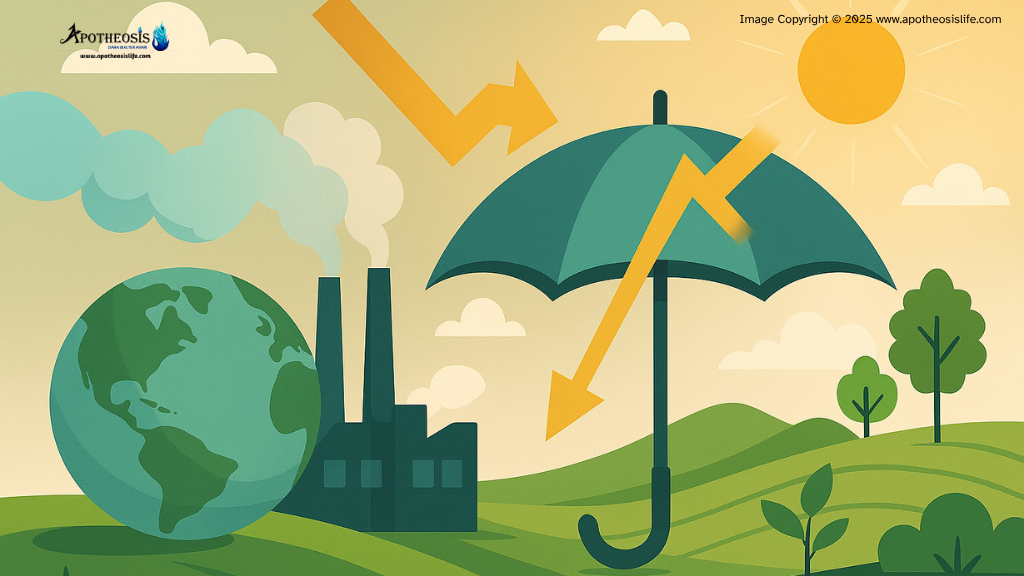 Illustration showing symbolic representations of geoengineering technologies including solar reflectors and carbon capture systems.