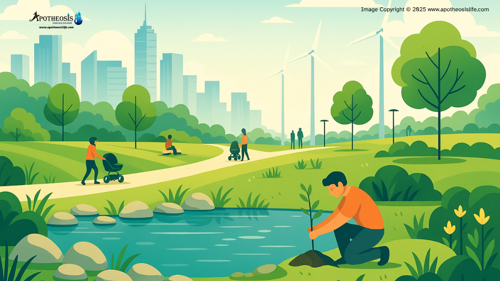 Illustration of an urban park with stormwater ponds, trees, and walking paths representing green infrastructure.