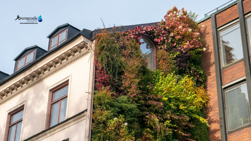 Vertical garden on city building facade providing natural cooling to reduce Heat Islands