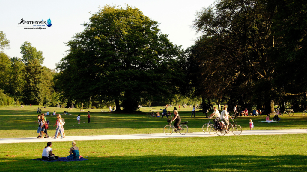 Urban park with people enjoying nature and clean skies, symbolizing Rethinking Air in city design
