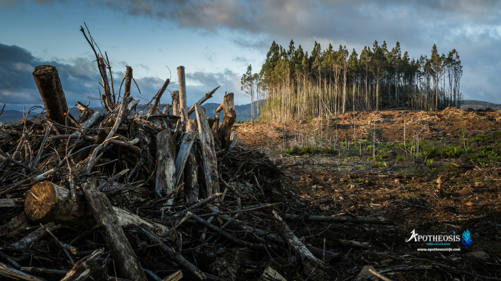Deforested landscape with cut tree trunks and remaining trees, highlighting environmental degradation and the need for Corporate Climate Action.