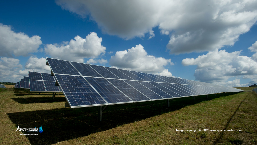 A large solar farm with rows of photovoltaic panels in a grassy field under a partly cloudy sky, representing Clean Energy production.