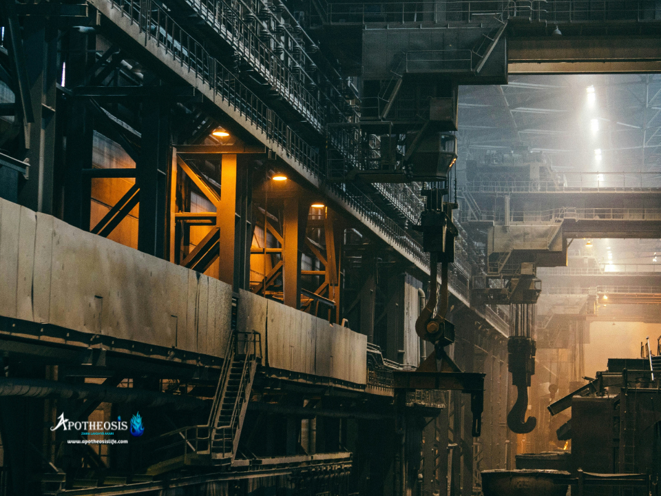 Interior of a large Heavy Industry facility with cranes, metal structures, and industrial walkways.