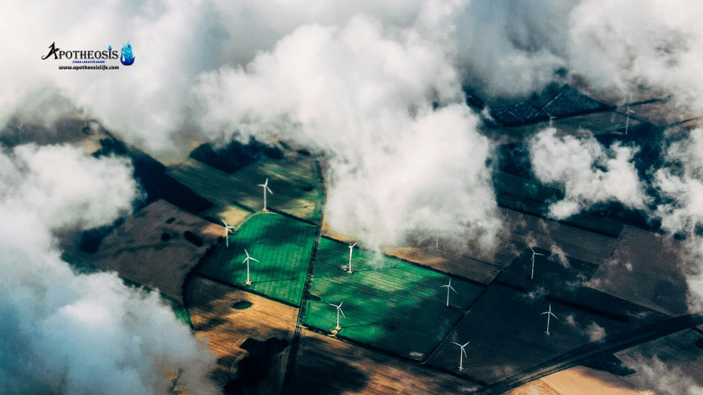 Aerial view of wind turbines across farmland representing renewable energy integration and its connection to Battery Recycling.