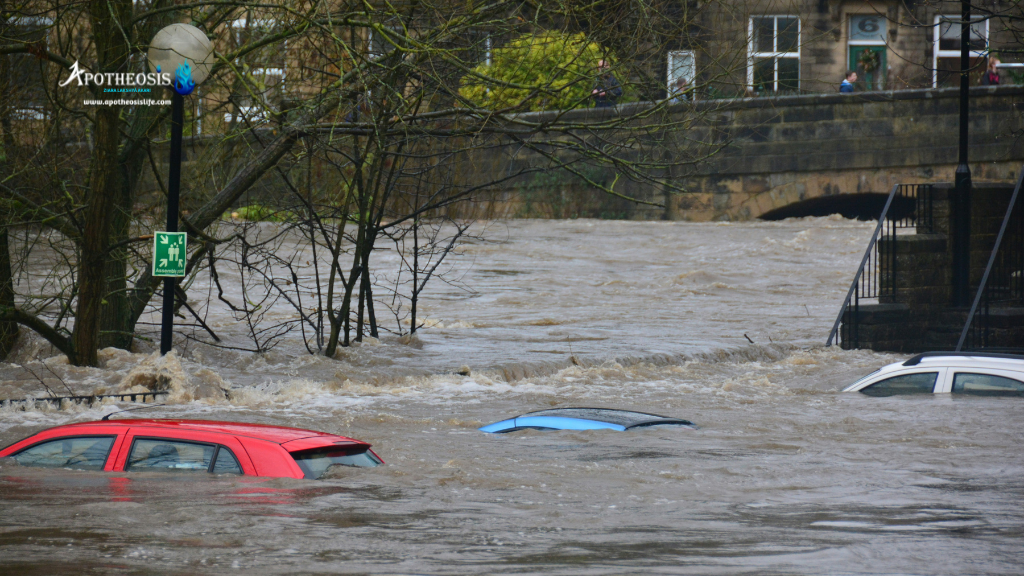 Flooded urban street with partially submerged cars and buildings, showing how extreme weather events create risks that influence Global Finance.