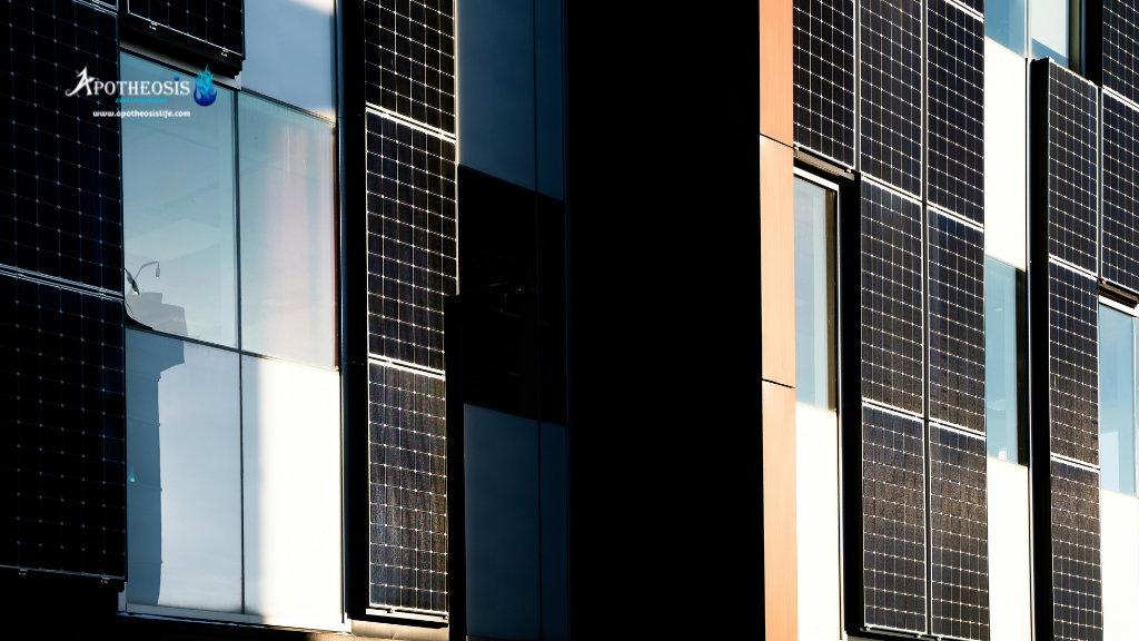 Solar panels on a modern building facade representing clean energy adoption within Heavy Industry.