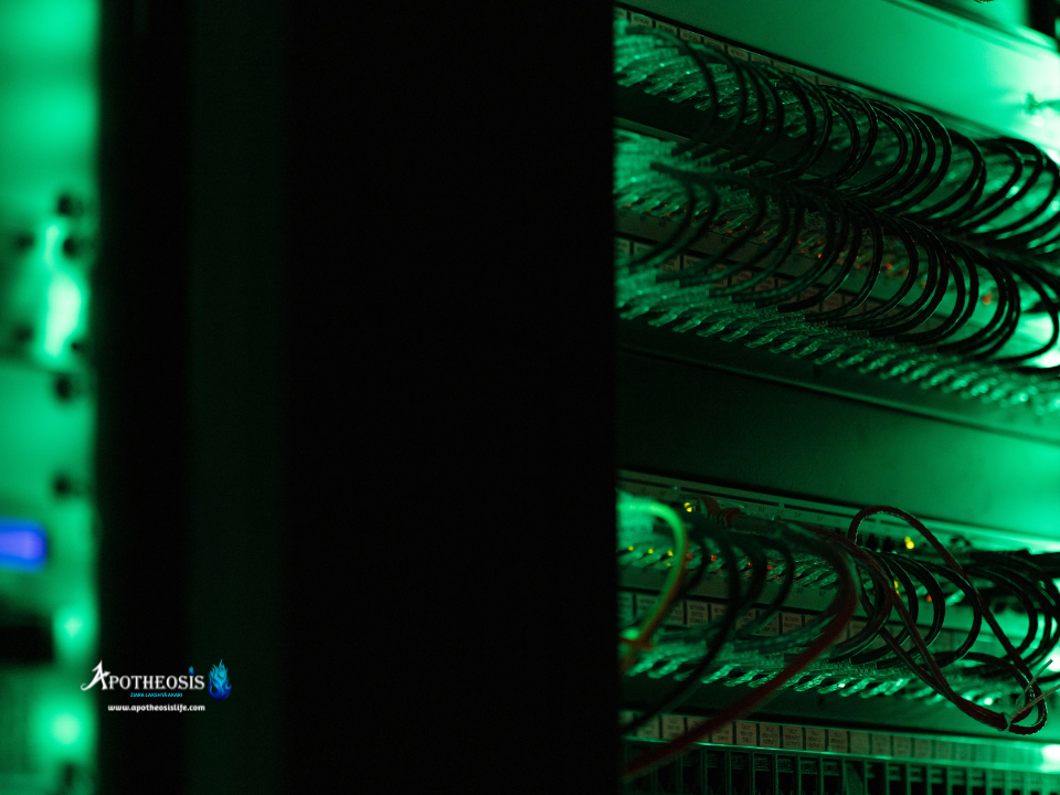 Network cables and server equipment inside a data center that powers Artificial Intelligence and large-scale computing systems.